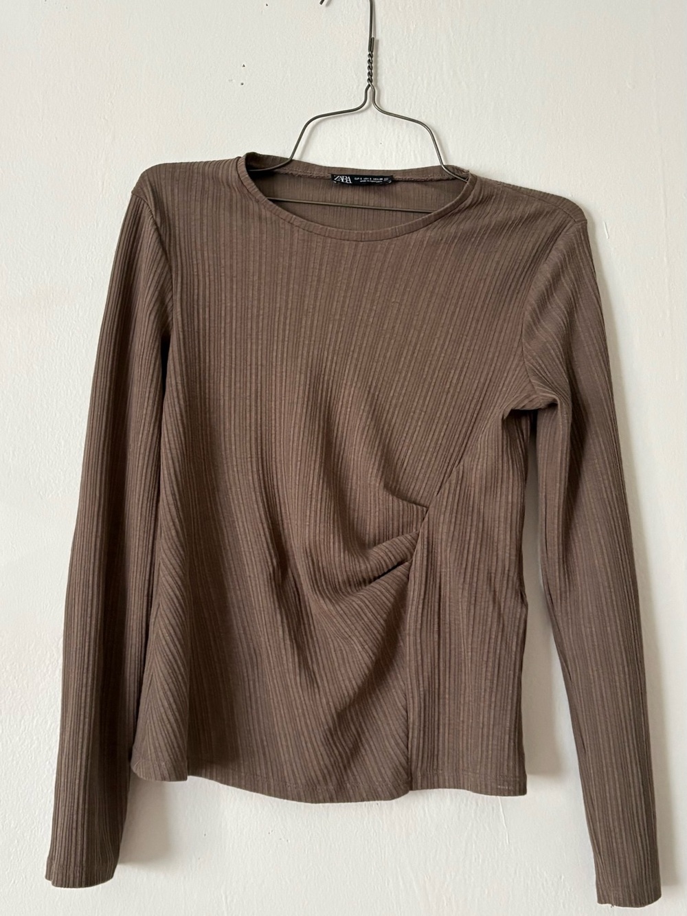 Zara Brown Ribbed Long Sleeve Twist Detail Top